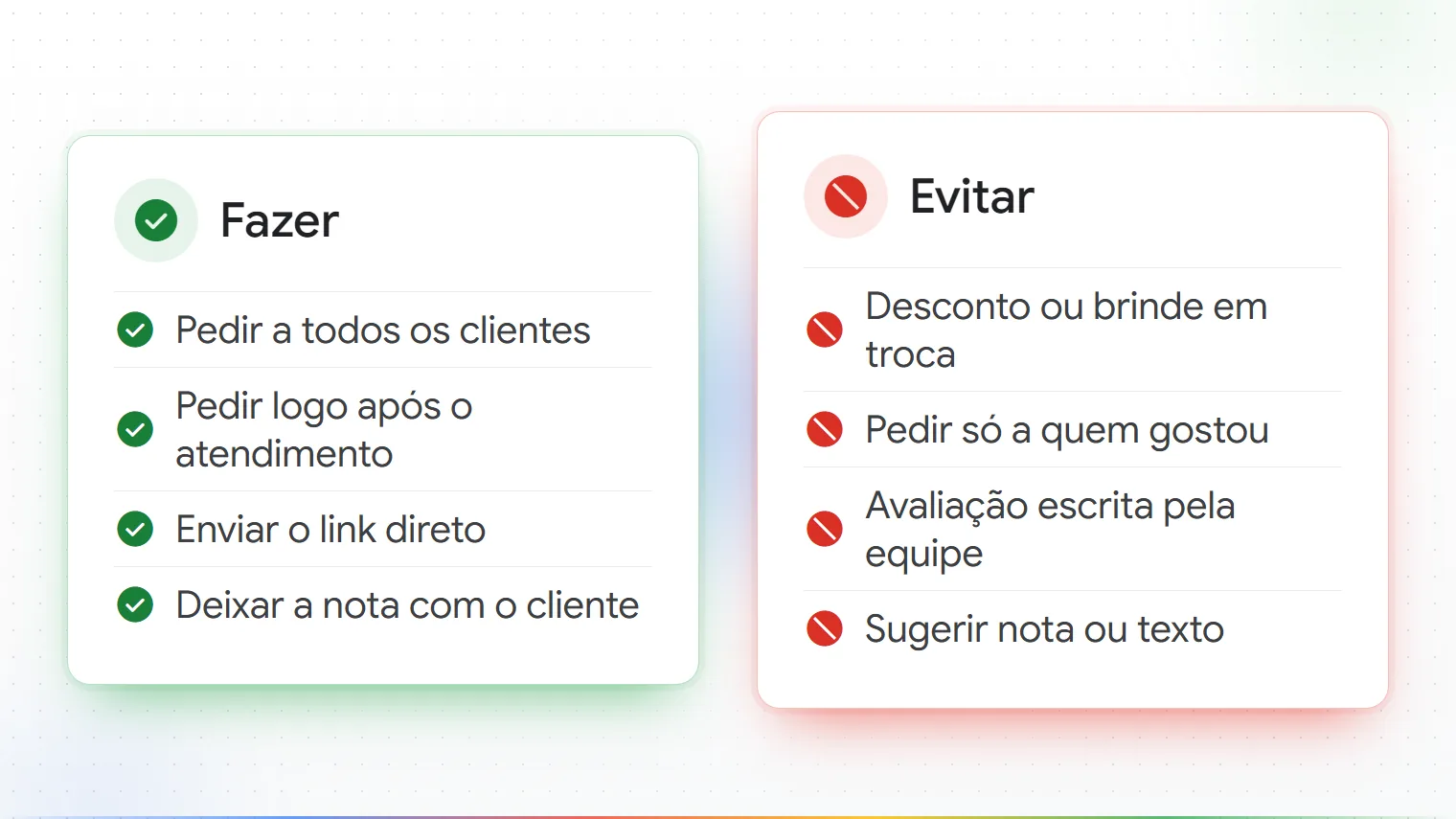 Quadro com o que fazer e o que evitar ao pedir avaliações.