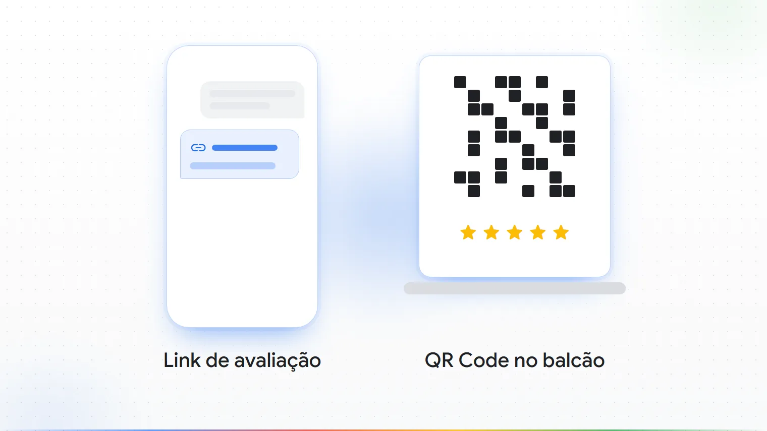 Ilustração de um celular com o link de avaliação e de uma placa de balcão com QR Code.