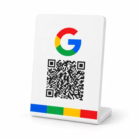 Placa de balcão em acrílico com QR Code para avaliações